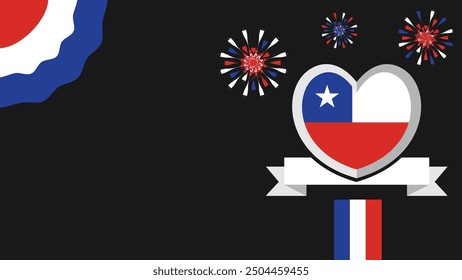 Ilustración de diseño de Anuncio de Vector de Chile con colores de bandera, Formas geométricas y tipografía. fuegos artificiales y Elementos de cinta.