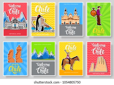 Chile vector brochure cards thin line set. Country travel template of flyear, magazines, posters, book cover, banners. Layout culture monument outline illustrations modern pages.