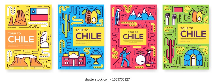 Chile vector brochure cards thin line set. Country travel template of flyer, magazines, posters, book cover, banners. Layout culture monument outline illustrations modern pages