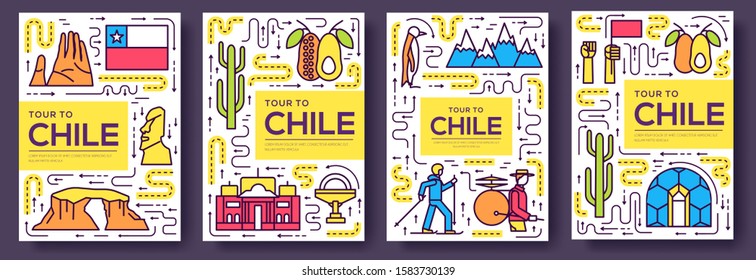 Chile vector brochure cards thin line set. Country travel template of flyer, magazines, posters, book cover, banners. Layout culture monument outline illustrations modern pages