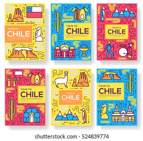 Chile vector brochure cards thin line set. Country travel template of flyear, magazines, posters, book cover, banners. Layout culture monument outline illustrations modern pages