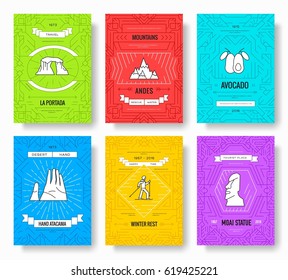 Chile vector brochure cards thin line set. Country travel template of flyear, magazines, posters, book cover, banners. Layout culture monument outline illustrations modern pages