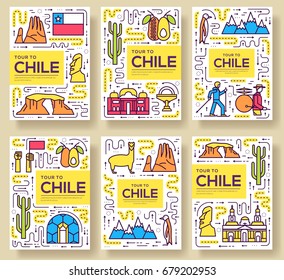 Chile vector brochure cards thin line set. Country travel template of flyear, magazines, posters, book cover, banners. Layout culture monument outline illustrations modern pages