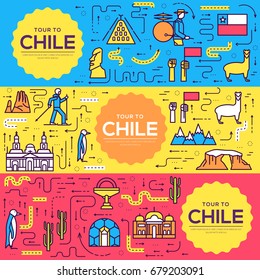 Chile vector brochure cards thin line set. Country travel template of flyear, magazines, posters, book cover, banners. Layout culture monument outline illustrations modern pages