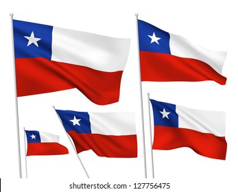 Chile vector flags set. 5 wavy 3D cloth pennants fluttering on the wind. EPS 8 created using gradient meshes isolated on white background. Five fabric flagstaff design elements from world collection