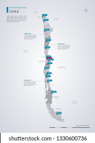 Chile vector map with infographic elements, pointer marks. Editable template with regions, cities and capital Santiago. 