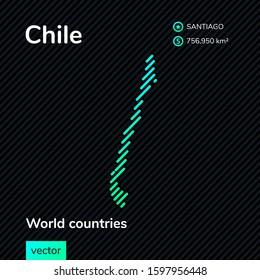 Chile vector neon map in green colors on striped black background in flat style. Educational banner, poster about Chile