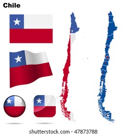 Chile vector set. Detailed country shape with region borders, flags and icons isolated on white background.