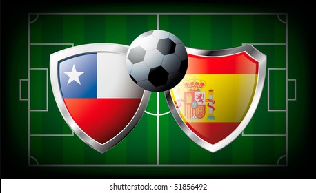 Chile versus Spain abstract vector illustration isolated on white background. Soccer match in South Africa 2010. Shiny football shield of flag Chile versus Spain