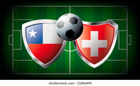 Chile versus Switzerland abstract vector illustration isolated on white background. Soccer match in South Africa 2010. Shiny football shield of flag Chile versus Switzerland