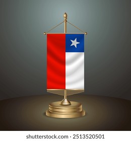 Bandeira de mesa vertical do Chile com polo dourado do Chile no fundo de gradiente escuro, Modelo banner vetor Ilustração