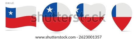 Chile waving flag, round circle sticker badge, heart shaped icon, map pin. Chilean flag buttons of different shapes. Vector illustration isolated on white.