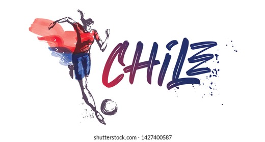 Chile Women's Soccer National Team Vector Design. Female Player Running. Typographic Layout. Lettering Sport Logo.