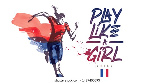 Chile Women's Soccer National Team Vector Design. Female Player Running. Typographic Layout. Lettering Sport Logo.