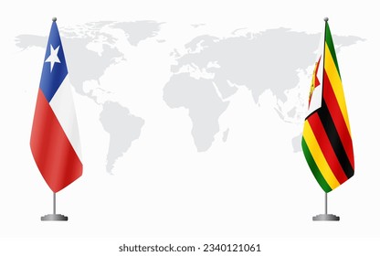 Chile and Zimbabwe flags for official meeting against background of world map.