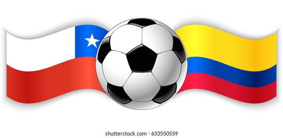 Chilean and Colombian wavy flags with football ball. Chile combined with Colombia isolated on white. Football match or international sport competition concept.