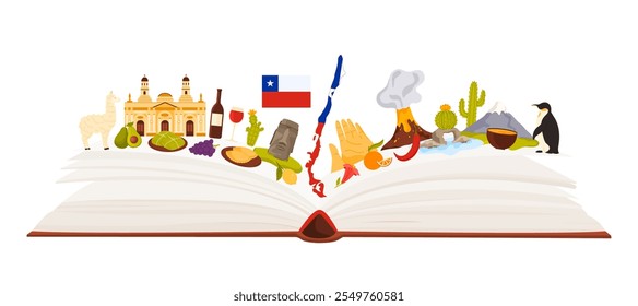 Chilean culture elements and attractions of tourism, travel to Chile infographic collage. Open big paper book and Moai monuments, flag and map, empanada and cute llama cartoon vector illustration