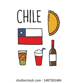 chilean drinks, flag and empanada doodle icons, vector illustration