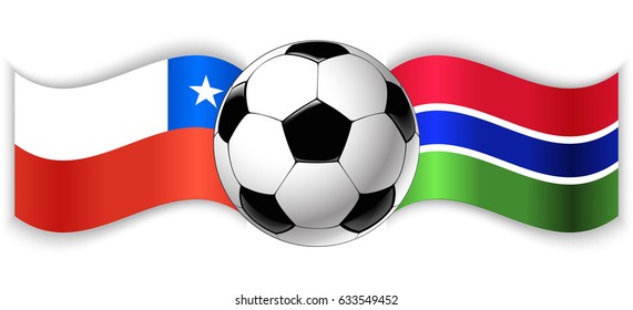 Chilean and Gambian wavy flags with football ball. Chile combined with Gambia isolated on white. Football match or international sport competition concept.