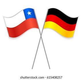 Chilean and German crossed flags. Chile combined with Germany isolated on white. Language learning, international business or travel concept.