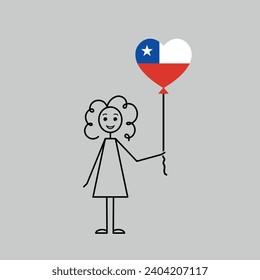 chilean girl, love Chile sketch, girl with a heart shaped balloon, black line vector illustration