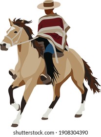 Chilenischer Huaso Country Man mit traditionellem Manta Poncho und Chupalla Hat Riding Tan Horse