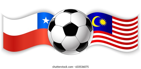 Chilean and Malaysian wavy flags with football ball. Chile combined with Malaysia isolated on white. Football match or international sport competition concept.