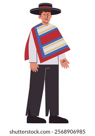 Chilean man wearing Poncho Chamanto traditional clothes Chile tradition cultural heritage attire Chupalla hat headdress accessory wear character smiling expression face colorful design set