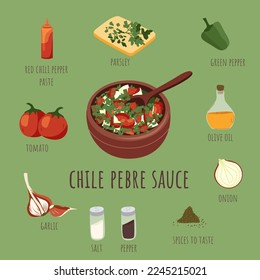 Ingredientes chilenos de salsa pebre. Tomate mixto, pimienta verde, cebolla, ajo, especias y verduras. cocina latinoamericana. Ilustración vectorial de doodle.