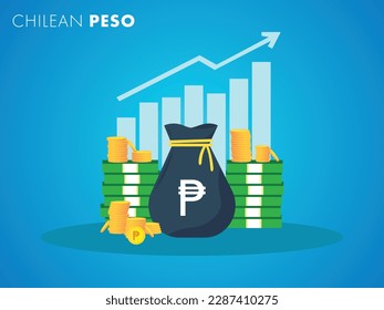 Chilean Peso currency growth to success concept. The money bag chart increases profit. Business growth concept. Vector illustration design