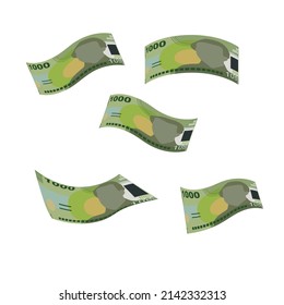 Chilean Peso Vector Illustration. Chile money set bundle banknotes. Falling, flying money 1000 CLP. Flat style. Isolated on white background. Simple minimal design.