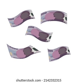 Chilean Peso Vector Illustration. Chile money set bundle banknotes. Falling, flying money 2000 CLP. Flat style. Isolated on white background. Simple minimal design.