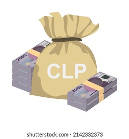 Chilean Peso Vector Illustration. Chile money set bundle banknotes. Money bag 2000 CLP. Flat style. Isolated on white background. Simple minimal design