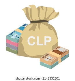 Chilean Peso Vector Illustration. Chile money set bundle banknotes. Money bag 1000, 2000, 5000, 10000, 20000 CLP. Flat style. Isolated on white background. Simple minimal design