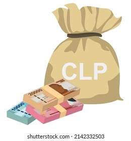 Chilean Peso Vector Illustration. Chile money set bundle banknotes. Money bag 5000, 10000, 20000 CLP. Flat style. Isolated on white background. Simple minimal design