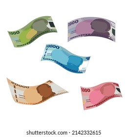 Chilean Peso Vector Illustration. Chile money set bundle banknotes. Falling, flying money 1000, 2000, 5000, 10000, 20000 CLP. Flat style. Isolated on white background. Simple minimal design.