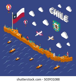 Chilean tourists attractions symbols isometric map with national flag food  and places of interest poster vector illustration 