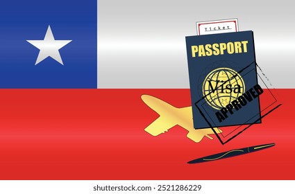 Chilean Travel Documentation Concept with blue Passport and Chile Flag. Approved Stamp. Airplane and Travel Tickets. Ideal for Immigration Tourism and Traveling Themes. Vector EPS available