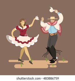 Chilean typical dance "cueca".Flat style color modern vector illustration. (Huaso, cueca)