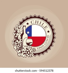 Chilean Wines, Round Label, Patch, With Wine Bottle And Grape Vines, Vector Illustration