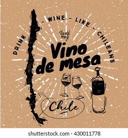 Chileans traditional wine with graphic elements on the map of Chile. Paper background