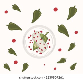 Chiles en nogada mexican food vector. Best Mexican Dishes. Latin american food illustration.