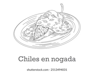 Chiles en nogada on plate, hand drawn sketch style. Traditional mexican food.