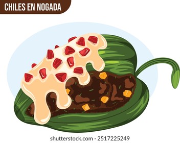 Chiles En Nogada Pimentos recheados com Picadillo e coberto com molho de noz cremosa e romã. Mexicana empalhada pobres pimentas vetor arte 