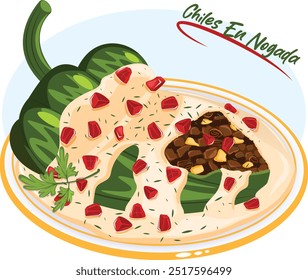 Chiles En Nogada em um prato. Poblano Pimenta Recheada com Picadillo Coberto com Molho de Noz e Enfeitado com Sementes de Salsa e Romã. Autêntico prato nacional mexicano vetor arte 