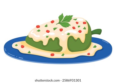 Chiles en Nogada - Traditional Mexican Stuffed Poblano Pepper with Creamy Walnut Sauce, Garnished with Pomegranate and Parsley. Mexican Cuisine Illustration for Menus, Food Blogs and Recipe Designs