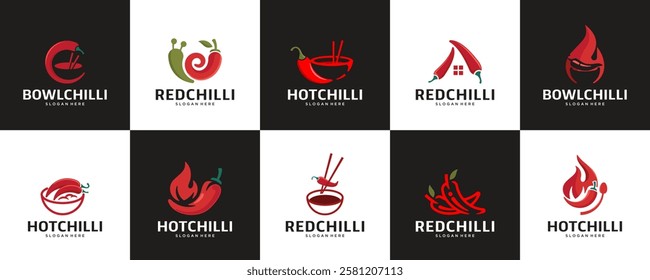 chili and bowl logo set, spicy food, natural, oriental, graphic design template.