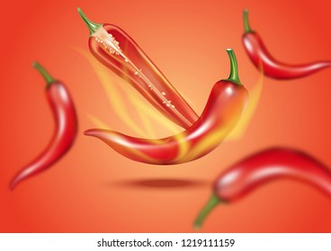 Chili burning on fire ads, design elements, Vector realistic 3d illustration, of free space for your copy and branding. Food concept.