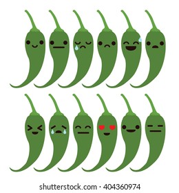 Chili Cartoon Character with Different Expressions. Flat Vector. Isolated