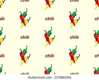 Chili cartoon character seamless pattern on yellow background. Pixel style